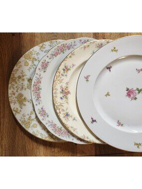 Mismatched Floral Fine China Dinner Plates ~10.75" Set of 4 Gold Rims Porcelain